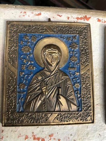 Brons gegoten icoon in emaille, Antiek en Kunst, Ophalen, Brons