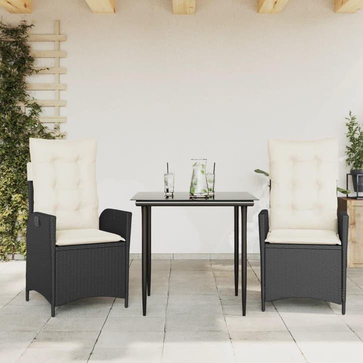 vidaXL 3-delige Tuinset met kussens poly rattan zwart, Tuin en Terras, Tuinsets en Loungesets, Tuinset, Nieuw, Verzenden