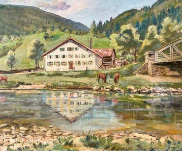 A. Koch (XX) - Idyllischer Alpendorf-Blick mit Pferdetränke