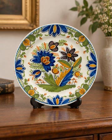 Polychroom aardewerken bordje – kleurrijk bloemendecor, late