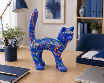 Beeld, garden statue cat color blue with paint color - 31 cm