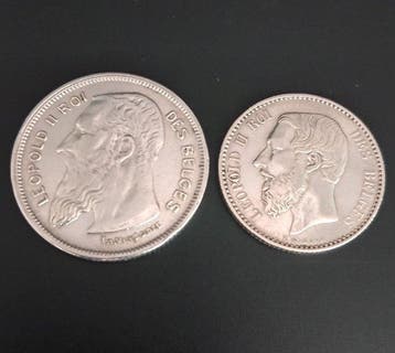 België. Leopold II - 2 francs 1909 - 1 franc 1886 - Zilver, Postzegels en Munten, Munten | Nederland