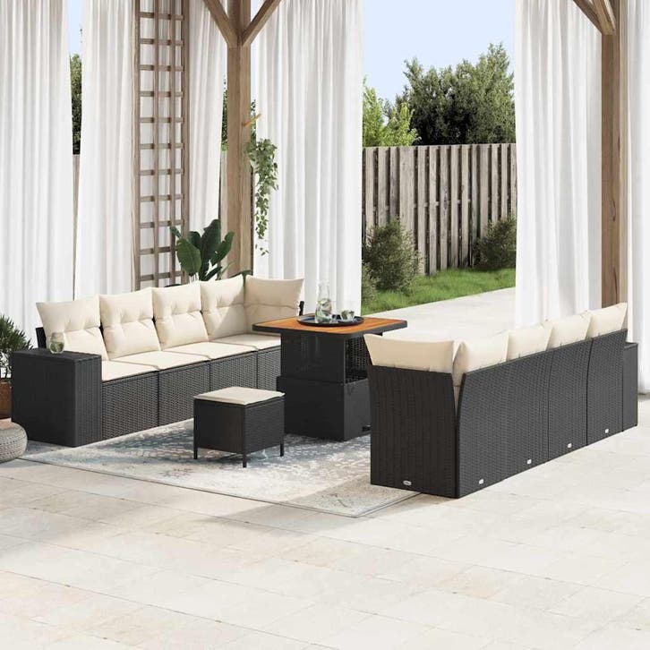 vidaXL Tuin Sofa Set met kussen 11 pcs Zwart en Crème poly, Tuin en Terras, Tuinsets en Loungesets, Nieuw, Rotan, Verzenden