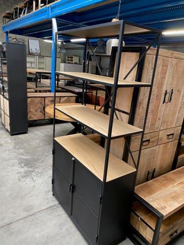 Metallo boekenkast, metaal + hout (nieuw, A-keuze), Nieuw, Eikenhout