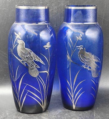Novy Bor - Vaas (2) - Zilveren overlay - kobaltglas, Zilver