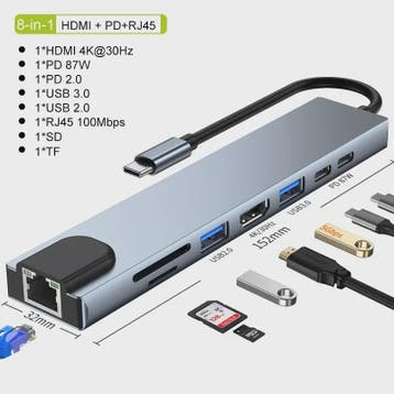 8-in-1 USB-C Hub met 4K HDMI, RJ45, SD/TF Kaartlezer & PD Sn, Verzenden, Nieuw