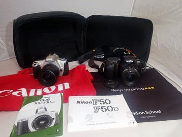 Canon, Nikon F50 + lens + Canon Eos 300 + lens + Borsa, Nieuw