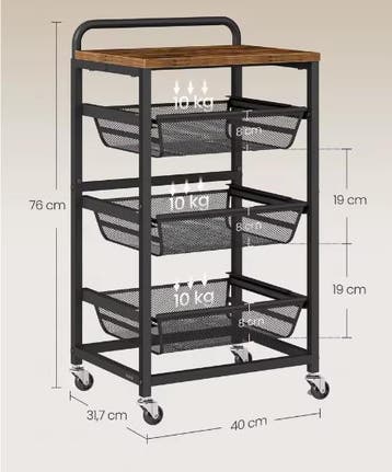 Serveerwagen met 4 Niveaus en 3 Uittrekbare Manden op Wielen, Huis en Inrichting, Verzenden, Nieuw