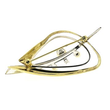 Bicolor gouden fantasiebroche met parel en diamant; 0,03 ct., Gebruikt, Overige kleuren, Ophalen of Verzenden, Met edelsteen