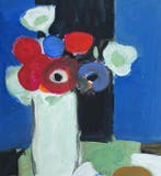 Yves Ganne (1931-2019) - Bouquet de fleurs sur fond bleu, Antiek en Kunst