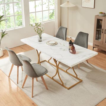 Eettafel Figa rechthoekig 180x80 cm marmerlook wit en goudkl, Huis en Inrichting, Verzenden, Nieuw