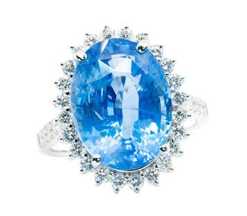 Ring - 14 karaat Witgoud, Blue (Ceylon) - 11.98ct. tw., Nieuw