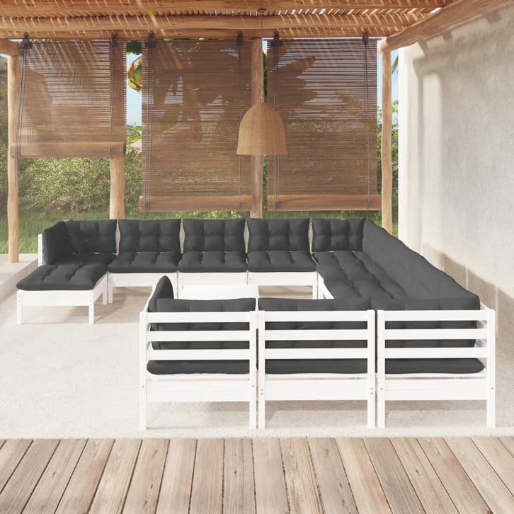 vidaXL 13-delige Loungeset met kussens grenenhout wit, Tuin en Terras, Tuinsets en Loungesets, Loungeset, Nieuw, 3 zitplaatsen