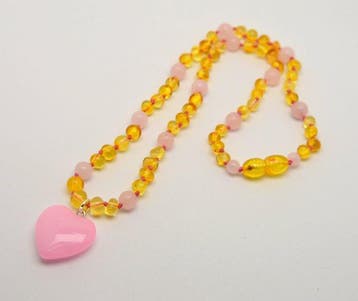Barnsteen - Natuurlijke Baltische amber en roze kwarts -
