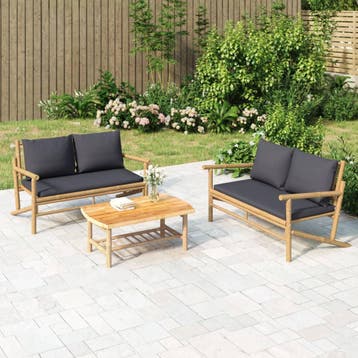 vidaXL 3-delige Loungeset met kussens bamboe donkergrijs, Verzenden, Nieuw, Hout, Loungeset