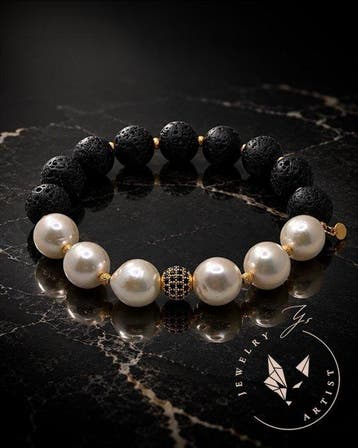 Designer-sieraad - Parels - Vulkanische lava - Zilver 925 -