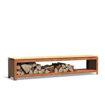 Cortenstaal houtopslag / tuinbank 200x40x43cm