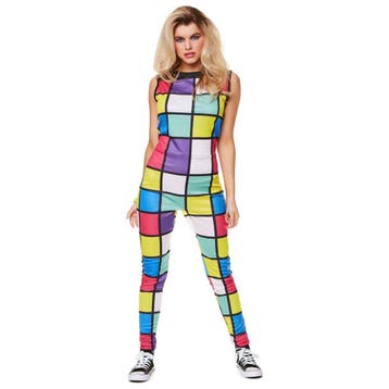 80’s Disco Jumpsuit Dames – Rubiks Cube Print - Maat, Ophalen of Verzenden, Nieuw