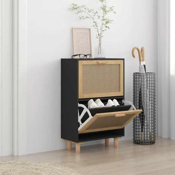 vidaXL Schoenenkast 52x25x80 cm bewerkt hout en rattan zwart, Verzenden, Nieuw