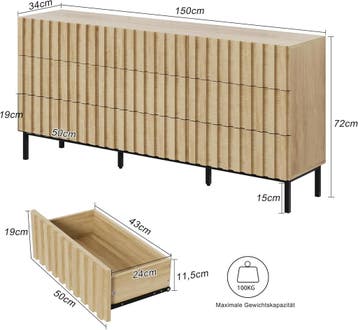 Commode - Dressoir - Ladekast - 150x72x34 cm - Bruin - UEV, Verzenden, Zo goed als nieuw