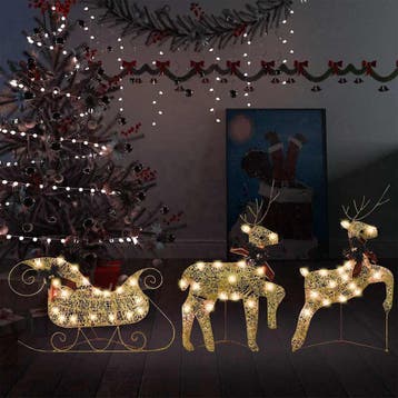 vidaXL Kerstdecoratie rendieren en slee 60 LEDs goudkleurig, Diversen, Kerst, Verzenden, Nieuw