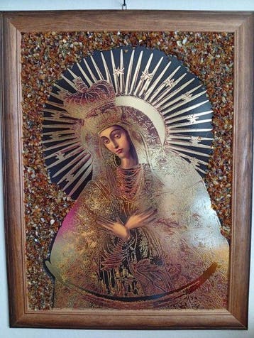 Icoon met echt Baltisch barnsteen - Maagd Maria - 35 x 45 cm