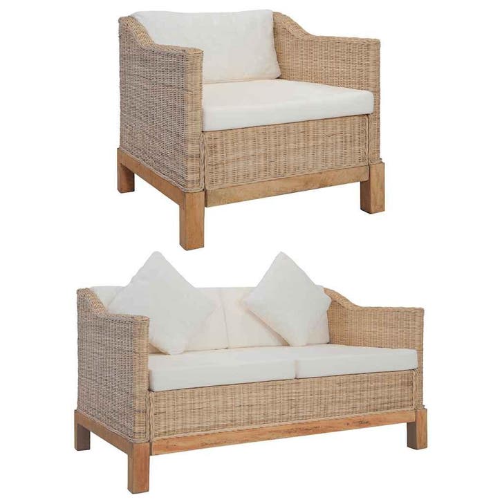 vidaXL 2-delig Bankstel met kussens natuurlijk rattan, Huis en Inrichting, Banken | Bankstellen, Nieuw, Minder dan 150 cm, Riet of Rotan