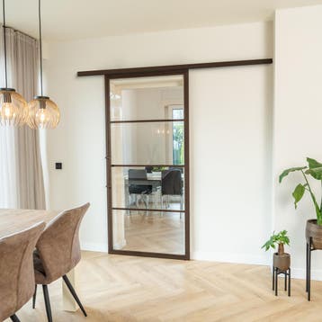 Stalen Schuifdeur met koofsysteem 4 Vlaks Brons Helder glas, 75 tot 150 cm, Nieuw, 150 tot 225 cm, Metaal