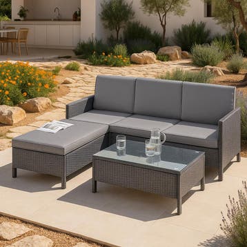 Tuinset rattan 3-delig tafel en 3-zitsbank donkergrijs licht, Verzenden, Nieuw