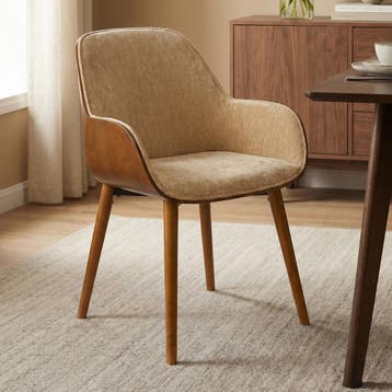 *WOONWINKEL* Houten Kuipstoel Beige, Huis en Inrichting, Stoelen, Verzenden, Nieuw, Bruin, Stof