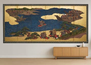 Vouwscherm met een samurai-gevecht - gelakt hout, Zijde,