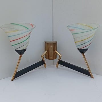 Wandkandelaar - messing en gekleurd glas - Wandlamp met twee