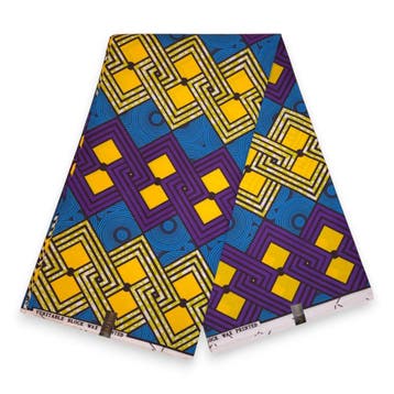 Afrikaanse wax print stof - Blauw Geel Urban Blocks - Polyco, Hobby en Vrije tijd, Stoffen en Lappen, Ophalen of Verzenden, Nieuw