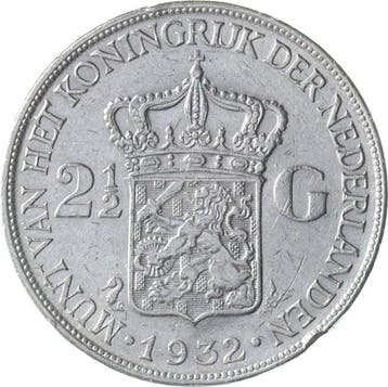 Nederland. Wilhelmina. 2 1/2 Gulden 1932 grof haar
