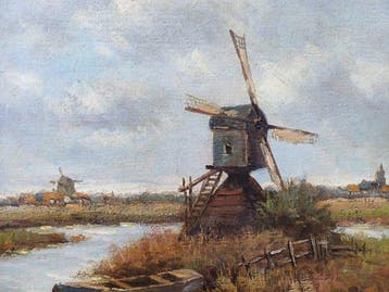 Clemens Wolters (1875-1955) - Molenlandschap met bootje, Antiek en Kunst