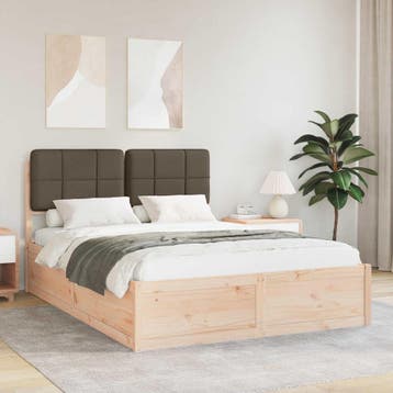 vidaXL Bedframe met Gevoerd Hoofdgedeelte Taupe 135 x 190 cm, Verzenden, Nieuw, Twijfelaar, Hout