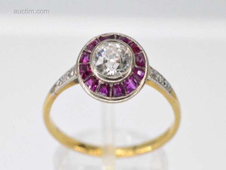 Art Deco geelgouden ring met centrale diamant..., Sieraden, Tassen en Uiterlijk, Overige Accessoires, Ophalen