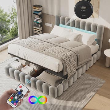 Luxe Gestoffeerd Dubbel Bed met LED Verlichting en USB Poort, Verzenden, Nieuw