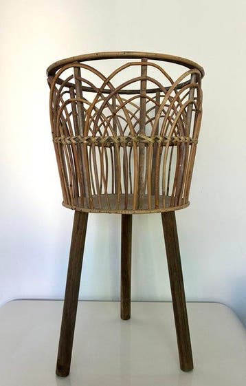 Plantentafel - Rattan, Hout - Vintage plantenstandaard