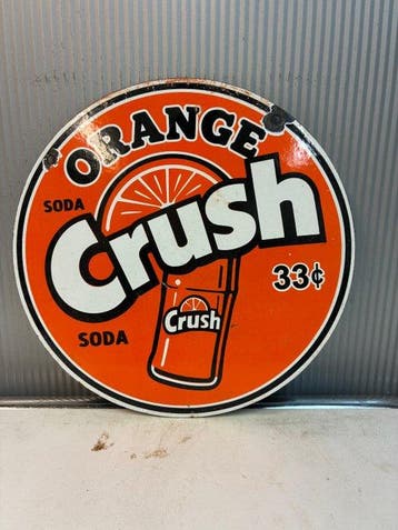 Orange Crush Soda 33¢ – Rond Emaille Reclamebord – Vintage