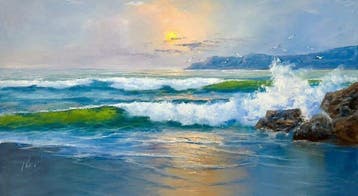 Roy Vidal 50 x 100 cm - Gaviotas en el mar dorado