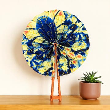 Afrikaanse handwaaier - Ankara print waaier - Blauw Geel Yew, Ophalen of Verzenden, Nieuw
