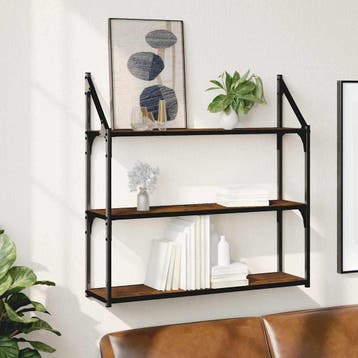 vidaXL Wandrek 3-laags 80x21x78,5 cm bewerkt hout gerookt, Huis en Inrichting, Woonaccessoires | Wandplanken en Boekenplanken
