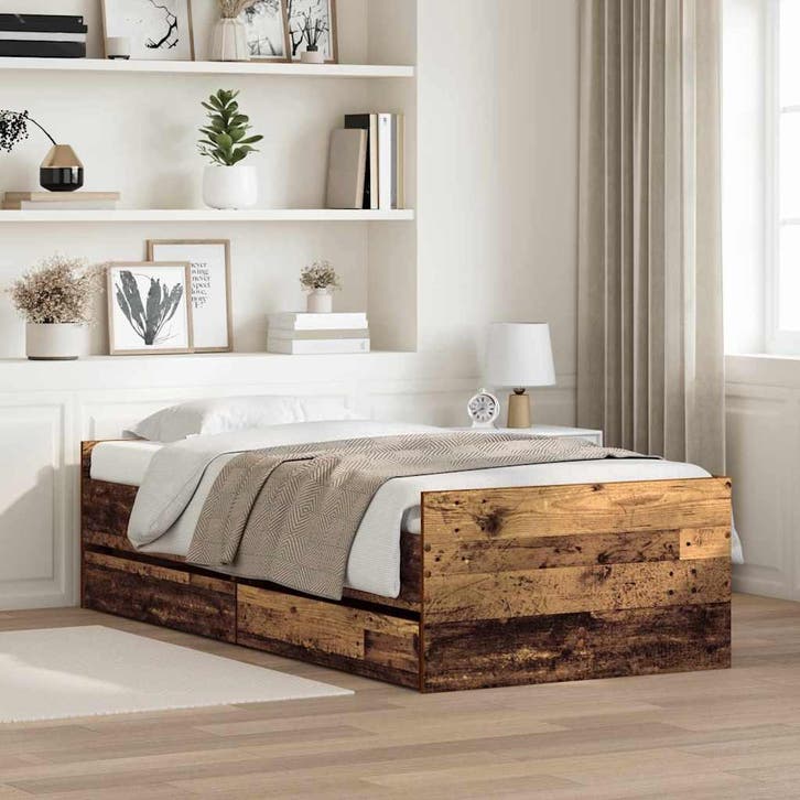vidaXL Bedframe met lade Oud Hout 90 x 200 cm Massief, Huis en Inrichting, Slaapkamer | Bedden, Bruin, Nieuw, Hout, Verzenden