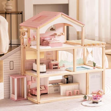 Houten Poppenhuis - 6 Kamers - Retourdeal 35% Korting, Ophalen of Verzenden, Zo goed als nieuw, Poppenhuis