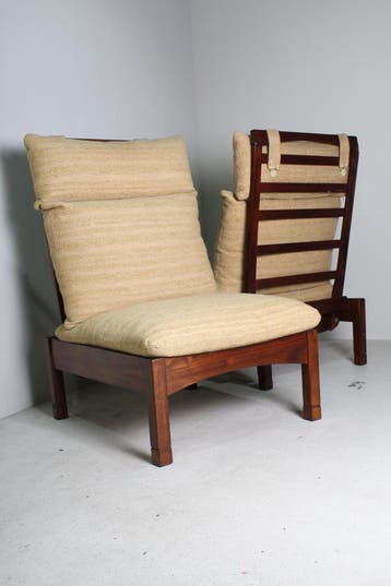 Vintage houten fauteuils uit 1975, Hout, Gebruikt, Jaren '70, 75 tot 100 cm