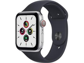 Apple Watch SE 44 mm kast van zilver aluminium met zwart, Sieraden, Tassen en Uiterlijk, Smartwatches, Verzenden, Zo goed als nieuw