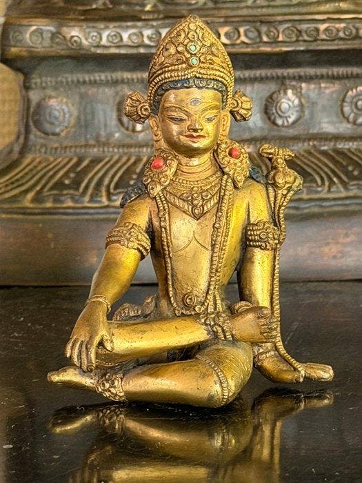 Beeld, Deuervergoldete Bronze-Statue des Gottes Indra - 13.5, Antiek en Kunst, Antiek | Overige Antiek