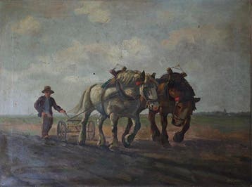 Jan Bakker (1879-1944) - Boer met span ploegende paarden