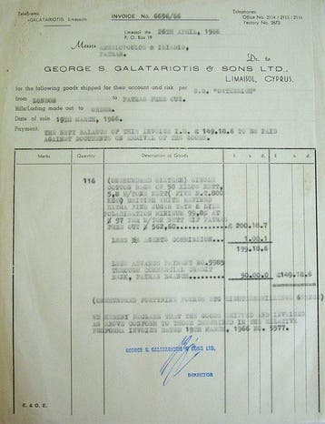 Themacollectie - Cyprus 1966 Commerciële Vrachtfactuur -